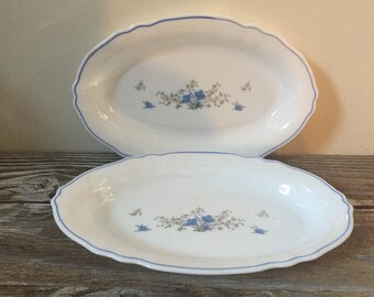 2 Vintage Arcopal Romantique Relish Dishes, Blue Flowers, Daisies,Scalloped Made in France, Milk Glass Shabby Country Cottage Chic