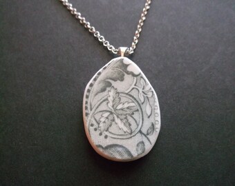 Broken China Plate Necklace - Handmade Grey and White Flowers necklace made from a recycled broken plate