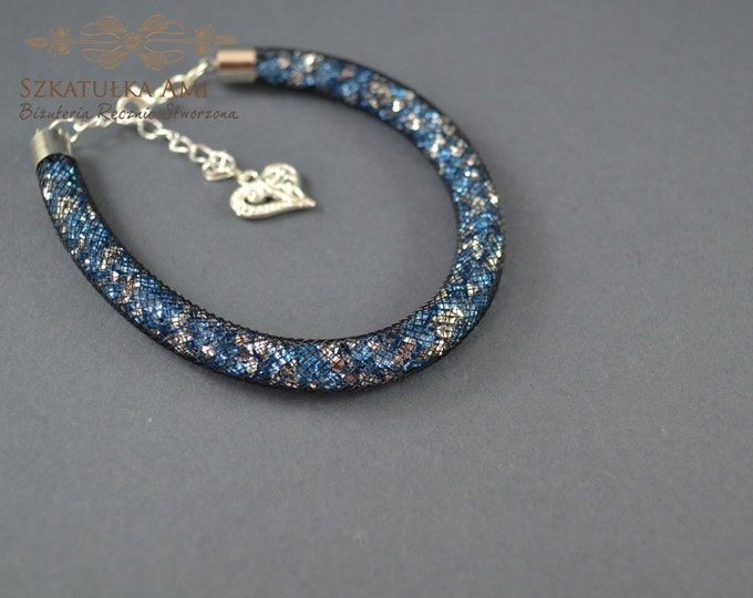 Blue sparkly mesh Crystal bracelet nylon mesh shiny bracelet net modern mesh bracelet crystal bracelet women girls gift idea trend bracelet