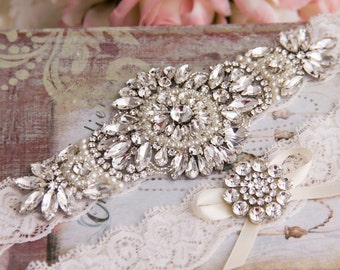 Ivory Wedding Garter set, Bridal Garter set, Ivory Lace Garter set, Rhinestone Garter, Ivory Garter, Crystal Garter set