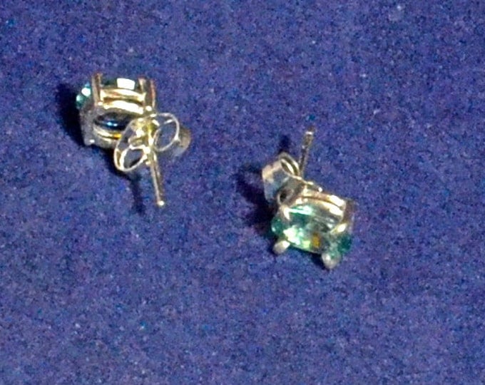 Blue Zircon Studs, 7x5mm Oval, Natural, Set in Sterling Silver E953