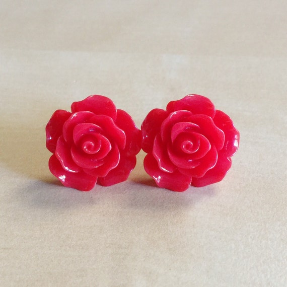 Red Rose Earrings 20mm Resin Cabochons Silver by BlueButtonBoho