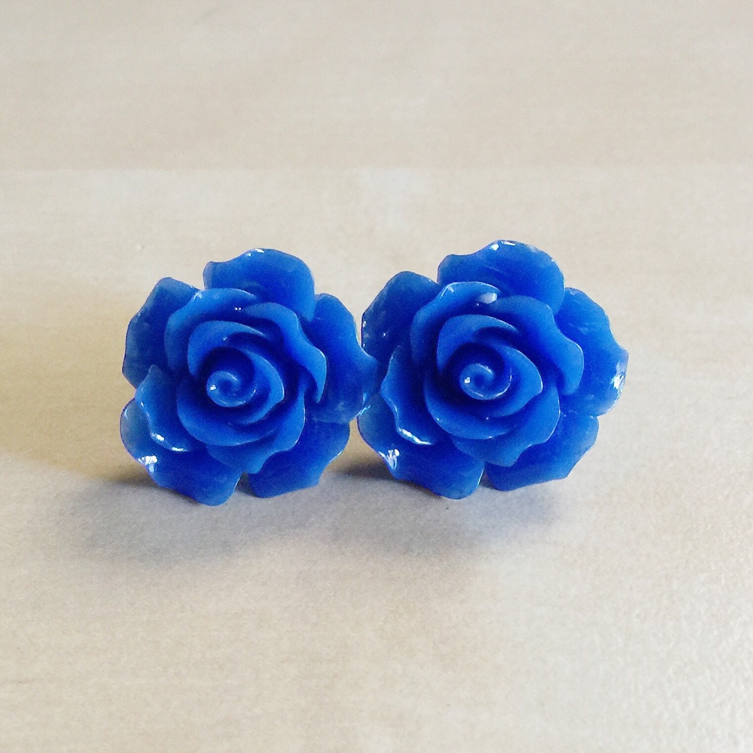 Cobalt Blue Rose Earrings 20mm Resin Flower by BlueButtonBoho