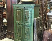 Reclaimed Indian Wood Cabinet Green Patina Armoire Sun Rays chakra Carved Rustic Storage Chest