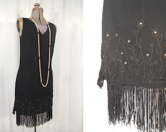 Vintage 1990s Dress / 90s Black 1920s Style Flapper Dress / 20s Dress / Black Rhinestone Flapper Costume / Black Party Dress