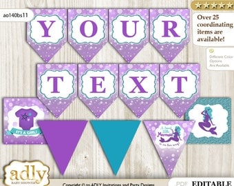 Sea Mermaid DIY Personalizable Banner Printable for Baby Mermaid Shower, birthday– Glitter -ao140bs11