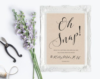 Oh Snap Instagram Wedding Sign Printable, Rustic Social Media Sign, Kraft, hashtag wedding sign, help us capture the love, digital, diy