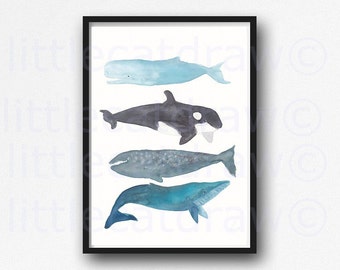 Whales Watercolor Print Painting Whale Bathroom Wall Art Nautical Print Whale Stack Watercolor Art Print of Whales Wall Art
