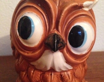 Vintage 1970's Ceramic Woodsy Owl Plant Holder Planter or Vase - Adorable Little Baby Brown Owl with Big Eyes