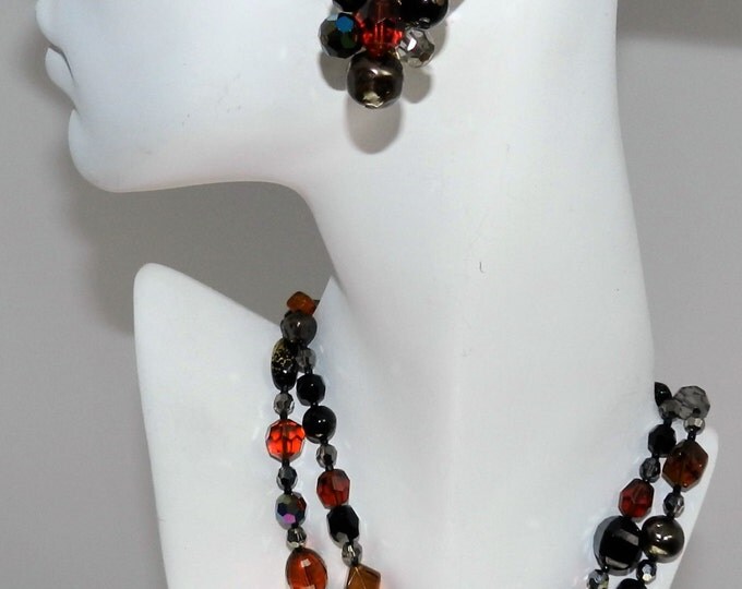 Hattie Carnegie Signed Necklace Earrings Set, Designer Signed, Art Glass Beaded Jewelry, Vintage Collectible, Fall Colours Colors,