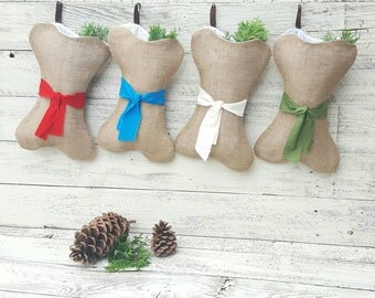 DOG CHRISTMAS STOCKINGS W Name Tags Bone Shapes Are Perfect Pet Size -Personalized Beautiful Natural Burlap -Puppies First Christmas Gifts
