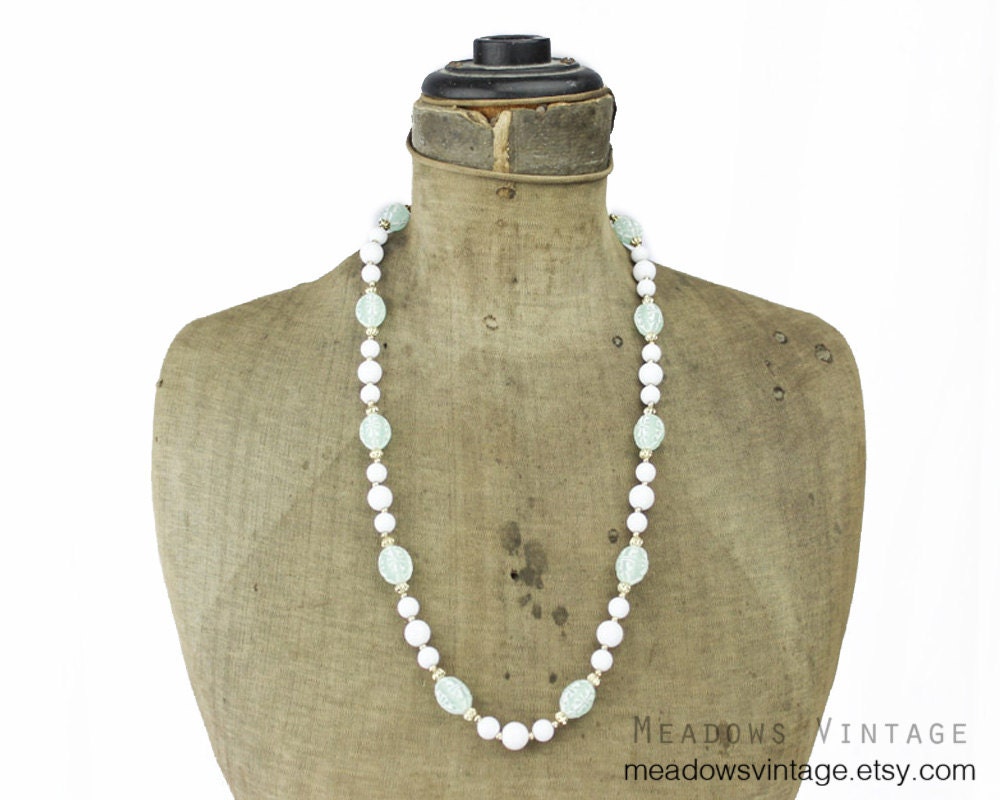 Long White Bead Necklace Chunky White Necklace by MeadowsVintage