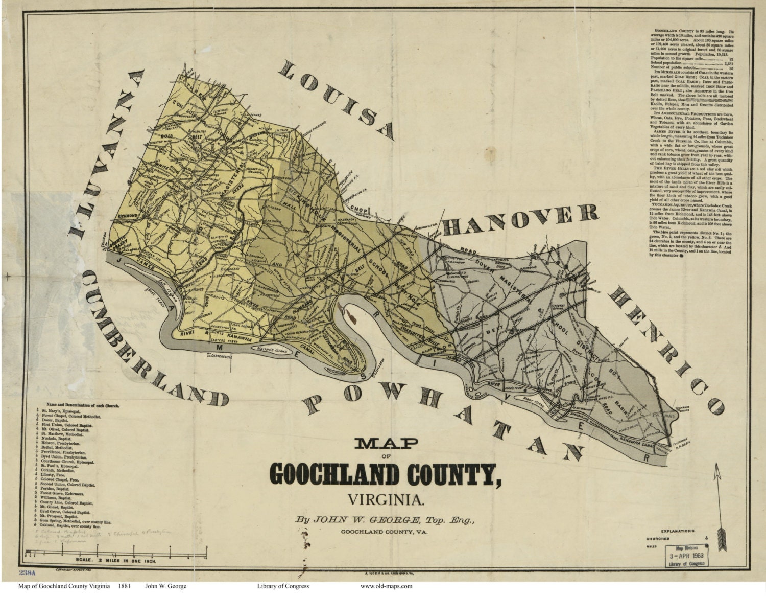 Goochland County Virginia 1881 Old Wall Map With