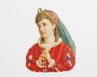 Victorian Girl with Necklace Original 1876 Die Cut Sticker Victorian Scrapbook Paper Ephemera Antique Victoriana Memorabilia Paper Ephemera