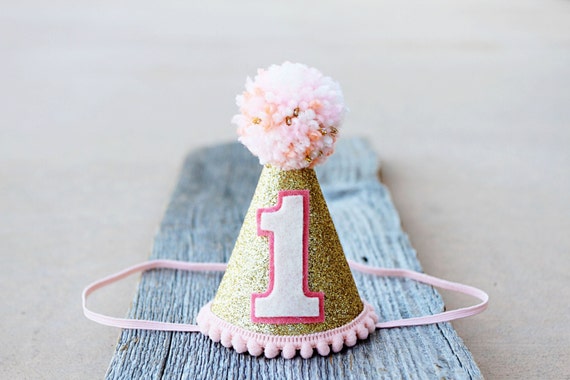 Girls 1st Birthday Mini Gold and Peach Pink Party Hat Cake