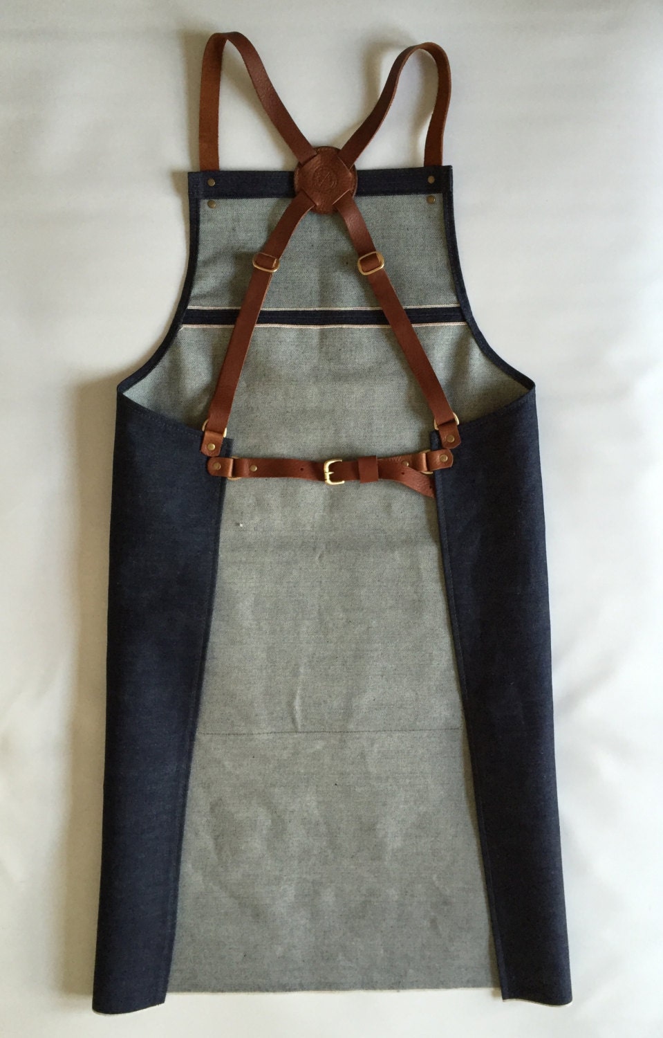 Selvedge denim and leather apron cross back by PAULAKIRKWOOD