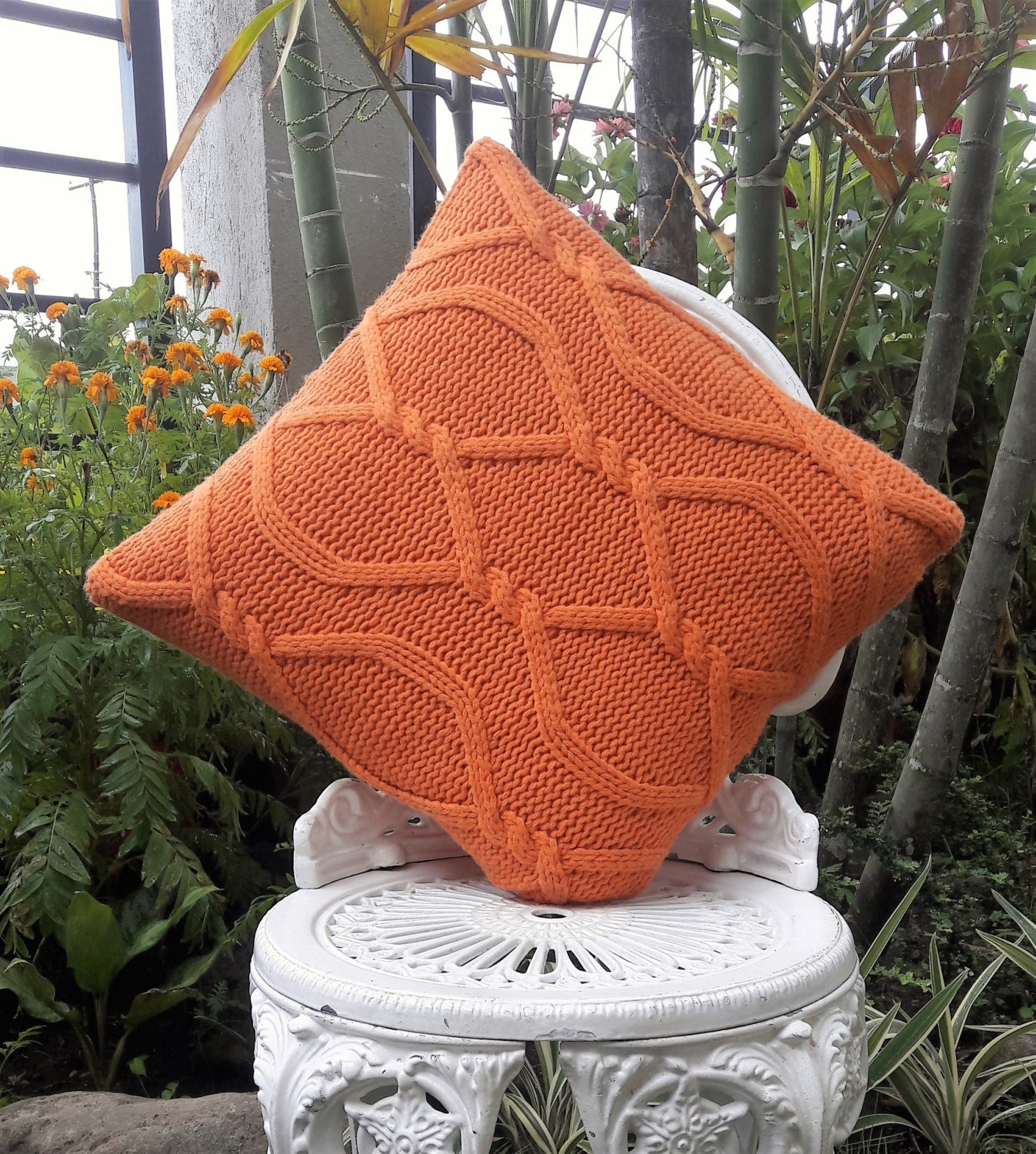 Rustic Orange Cable Knit Cushion / Throw Pillow Cover