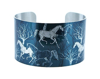 Horse jewellery cuff bracelet, wide metal equestrian jewelry bangle in slate blue, gift for horse lover. Recycled eco friendly. C383