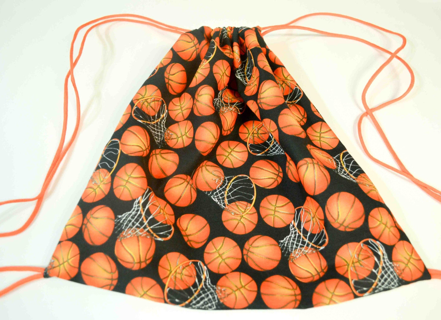 drawstring bag black with basketballs and hoops with matching