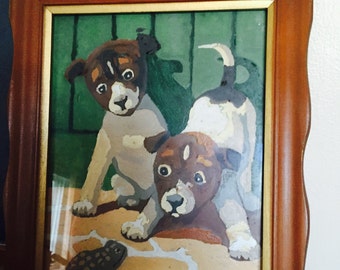Vintage Paint By Number Painting of Two Puppies and a Frog