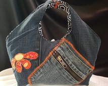 Medium Handmade Fun Upcycled Denim Handbag with Orange Butterfly and ...