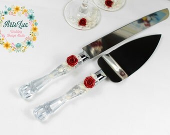 Ivory&Deep Red Wedding Cake Knife Set-Roses Wedding Cake Server and Knife-Lace Cake Server-Wedding Cake Accessories-Cake Cutting Set-Gift