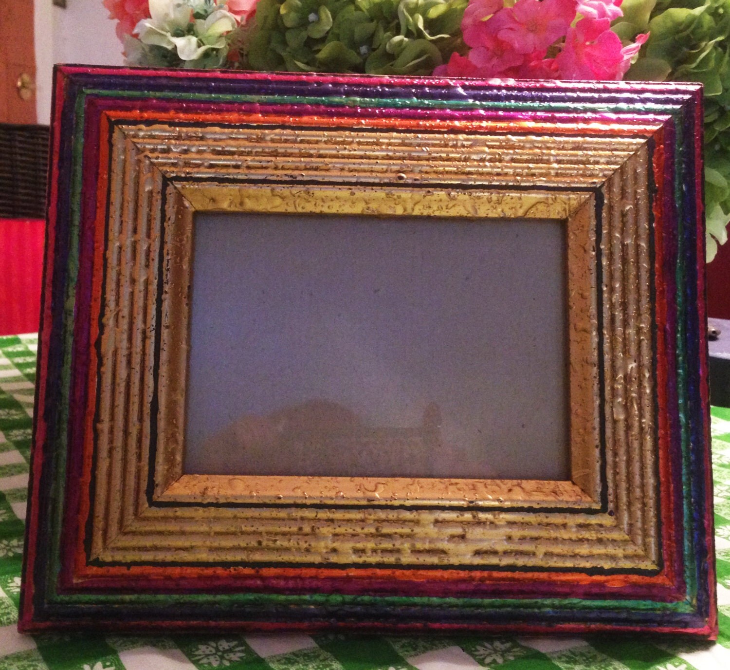 Hand Painted Bohemian Gold Photo Frame With Multi Stripes On