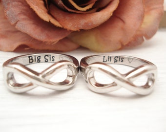 2 engraved sorority (Big Sis and Lil Sis with heart) Infinity rings, friendship, college ring, love forever, big and little sisters ring