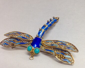 Vintage Chinese Art Deco Silver Blue Filigree Dragonfly Brooch/Dragonfly Pendant w/ Enamel Cloisonné Embellishments and Turquoise Cabochons