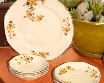 Vintage, 1940s, retro, dinner plates, Homer Laughlin, floral, oranges, early pattern #HLC375, shabby chic, table settings, One of a Kind