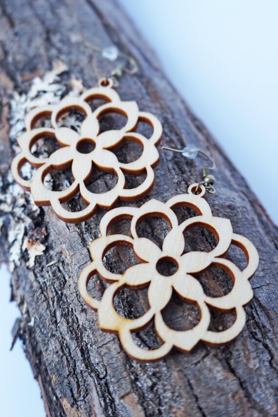 Flower Filigree Laser Cut Wood Earrings / Vintage Woman Female