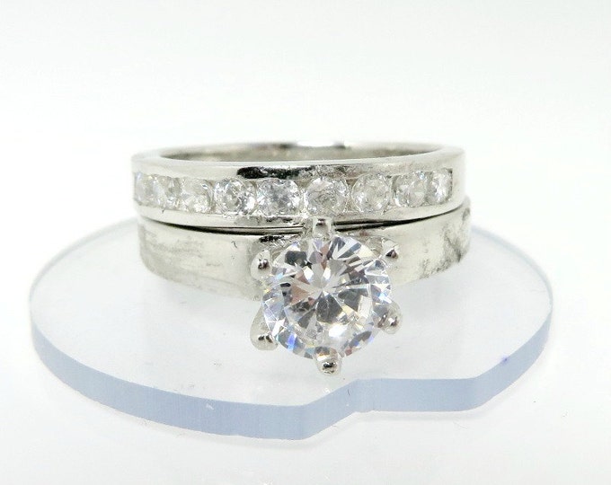 Vintage Topaz Wedding Ring Set, Sterling Silver Engagement Ring, Wedding Band, Size 7