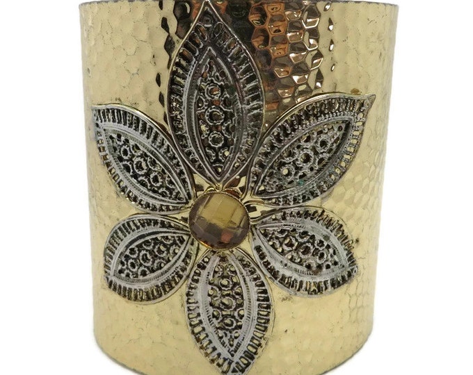 Vintage Wide Gold Tone Cuff, Hammered Cuff, Flower Bracelet