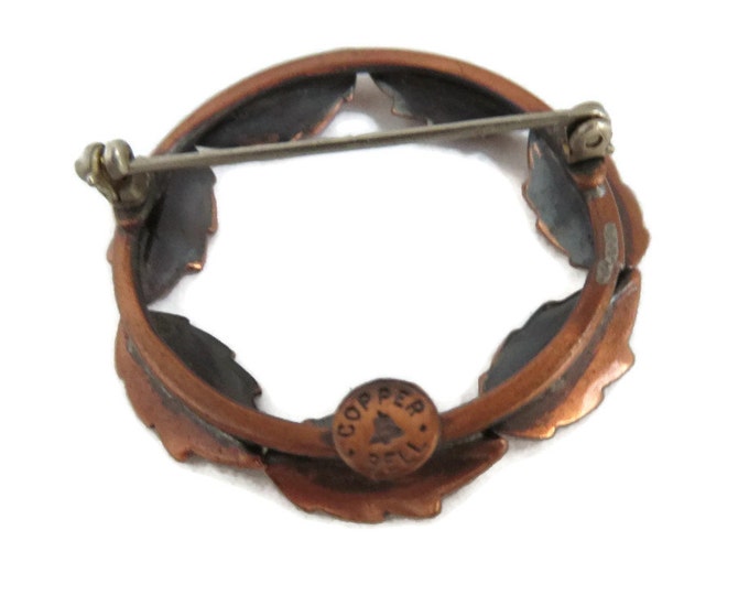 Copper Circle Brooch, Vintage Copper Leaf Pin, Copper Wreath Brooch, Genuine Copper Jewelry, Bell Copper