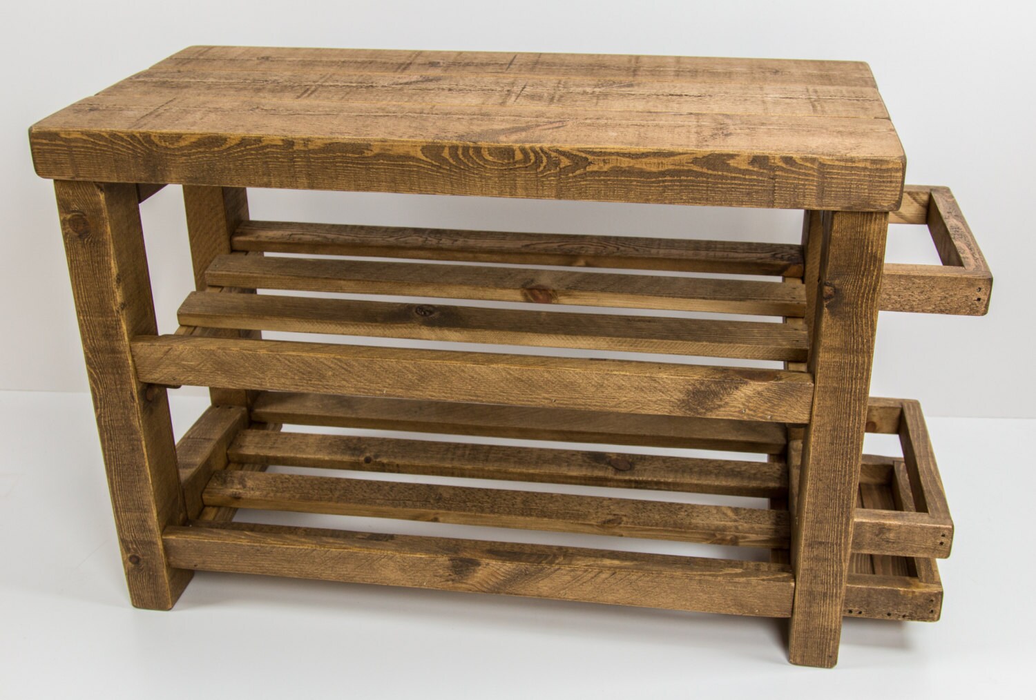 Rustic shoe rack with seat and umbrella by CaptainsCraftworks