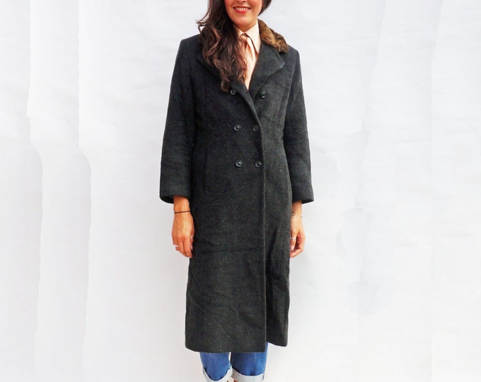 Long Wool Coat, Grey Vintage 80s Double Breasted Wool & Cashmere Coat, Faux Fur Collar, Women Winter Coat, Wool Double Breasted Warm Coat