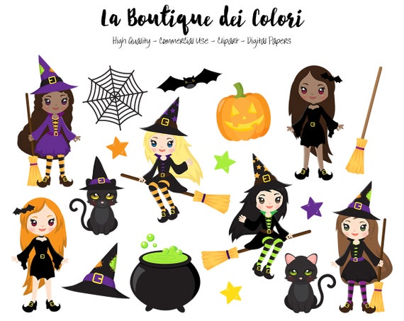 Halloween Witches Clipart, Cute Digital illustrations PNG, Spooky ...