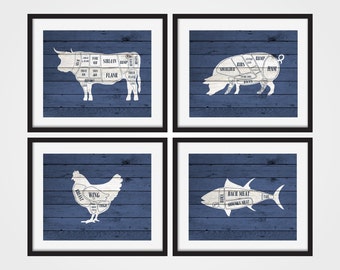 Butcher Chart Art Prints, Cow Butcher Chart, Set of 4 Prints, Meat Cuts, Kitchen Decor, Rustic Art, Butcher Prints, Blue Kitchen Decor