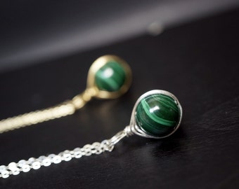 Tiny Malachite Necklace - Wire Wrapped Malachite Necklace, Gold Malachite Necklace - Natural Malachite Jewelry - Sterling Silver Gold Fill