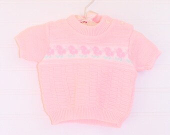 Vintage baby sweater, pink knit sweater with duck detailing across the front, size about 0-3 months