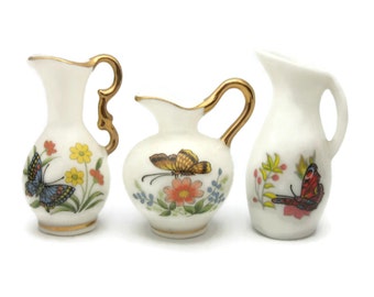 Miniature Bone China Butterfly Vases Pitchers Ewers Made in Japan Set of Three 3 Porcelain Collectible Miniatures Floral Flowers Butterflies