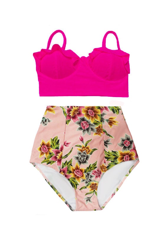Pink Midkini Top and Pink Gold Flora High Waist Waisted Retro