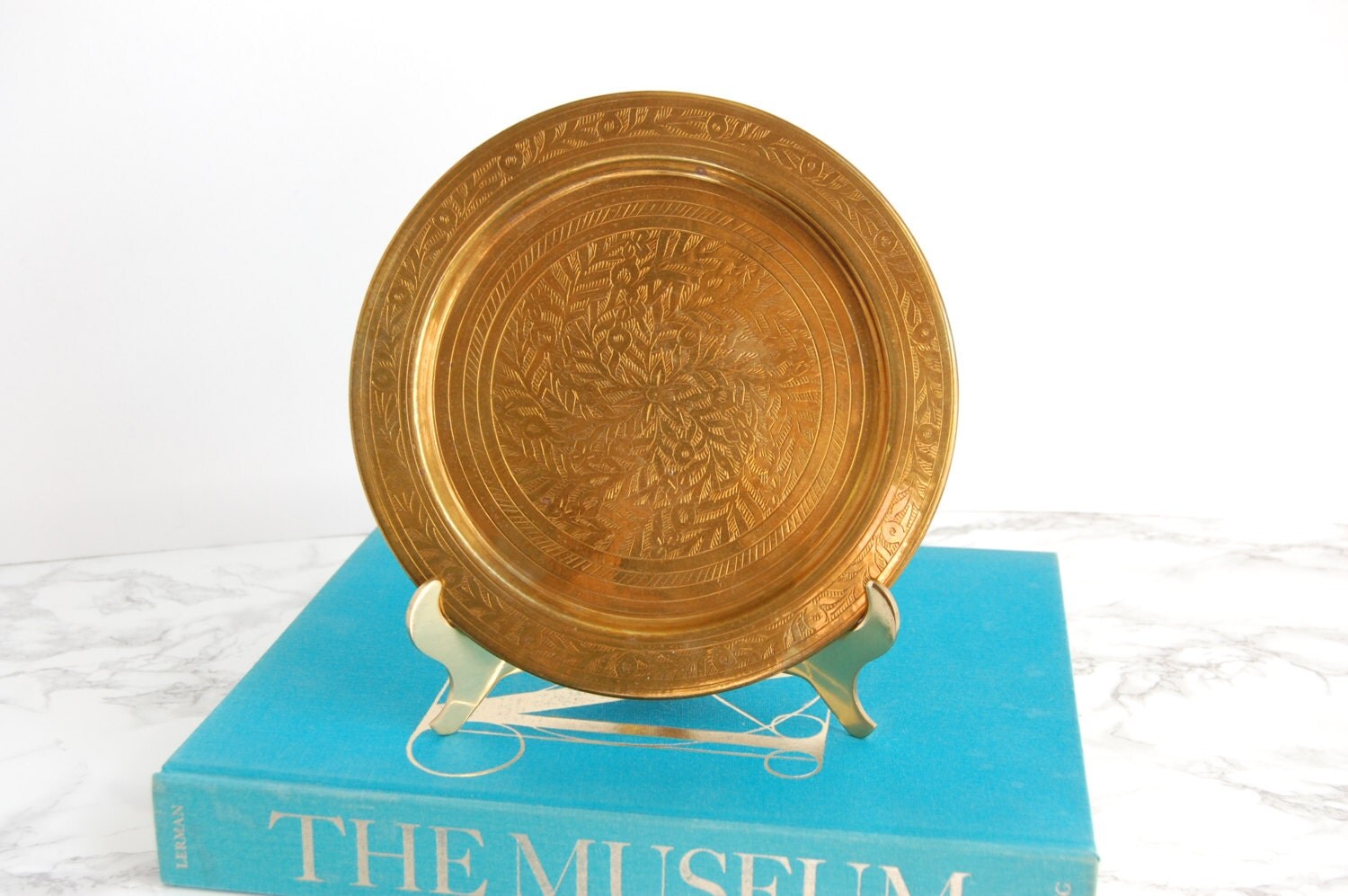 Etched Brass Tray Round Brass Tray Vintage Brass Tray