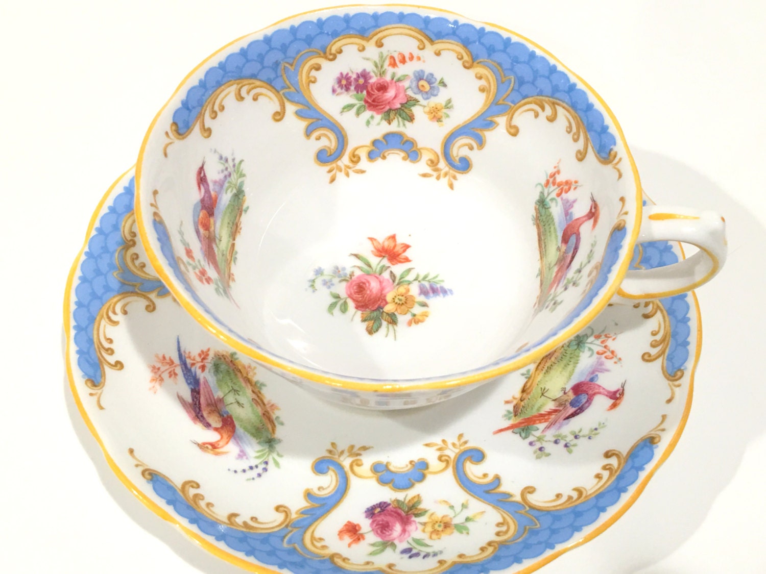 Elegant Grosvenor Tea Cup and Saucer, Rutland Cup, Bird Tea Cups, Blue