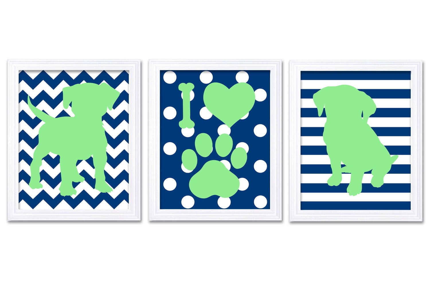 Puppy Dog Nursery Art Puppy Prints Set of 3 Prints Navy Blue Lime Green Stripes Polka Dots Chevron B
