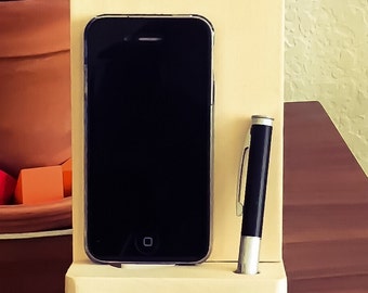 Travel Sized Basswood Docking Station and coin tray compatible with iPhones 4, 4s, 5, 5s, 5c, 6, 6+, Samsung galaxy s3, s4. Customizable.