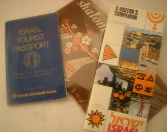 travel to Israel-vtge souvenir--1982 trip -tourist passport-maps-postcards-kenes tour co.
