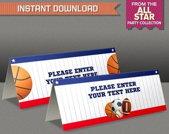 Sports Tent Cards - All Star Party Place Cards - All Star Party Food Labels - Edit and print at home - TWO Designs, same price!