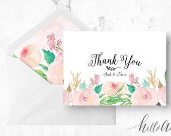Rustic wedding invitation - botanical wedding - Peach and gold - Peach and mint - Wedding thank you - Wedding thanks - Watercolour card