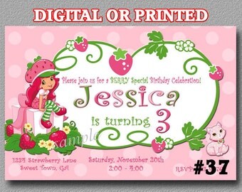 Strawberry Shortcake Invitations YOU Print Digital File or PRINTED Birthday Party Invitations